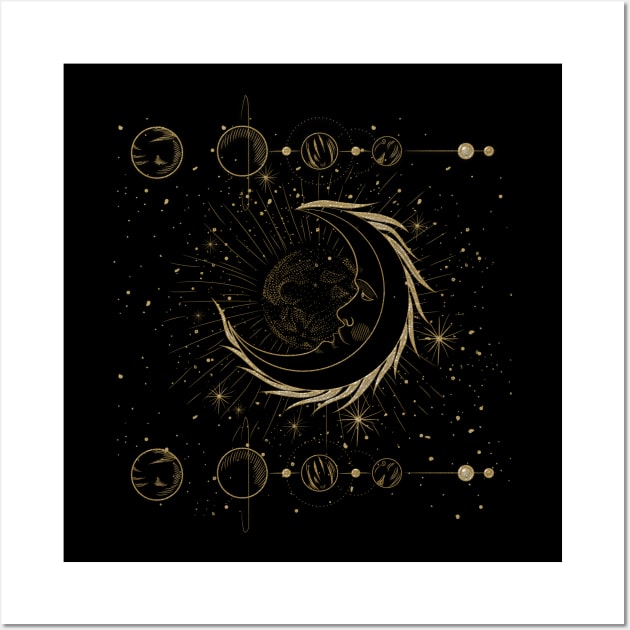 Elegant golden moon with stars Wall Art by Nicky2342